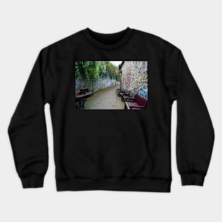 Paved Alleyway - Plants Over hanging Stone Wall & Benches - Tenby (Harbour), Pembrokeshire Crewneck Sweatshirt